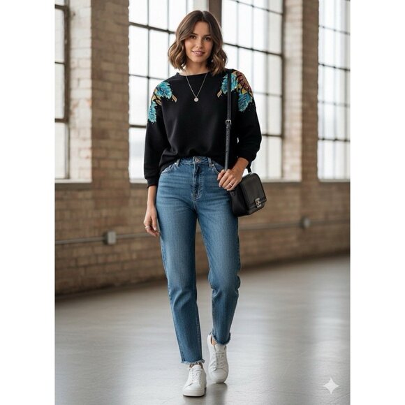 Victoria Harbour Vtg 80s Womens Sweater Floral Patches Beaded Art Deco Sz L - Picture 1 of 6